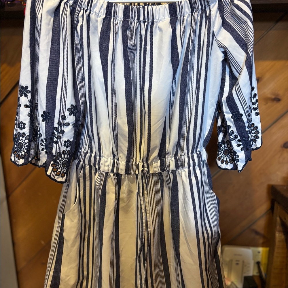 Striped Off-Shoulder Dress with Floral Embroidery